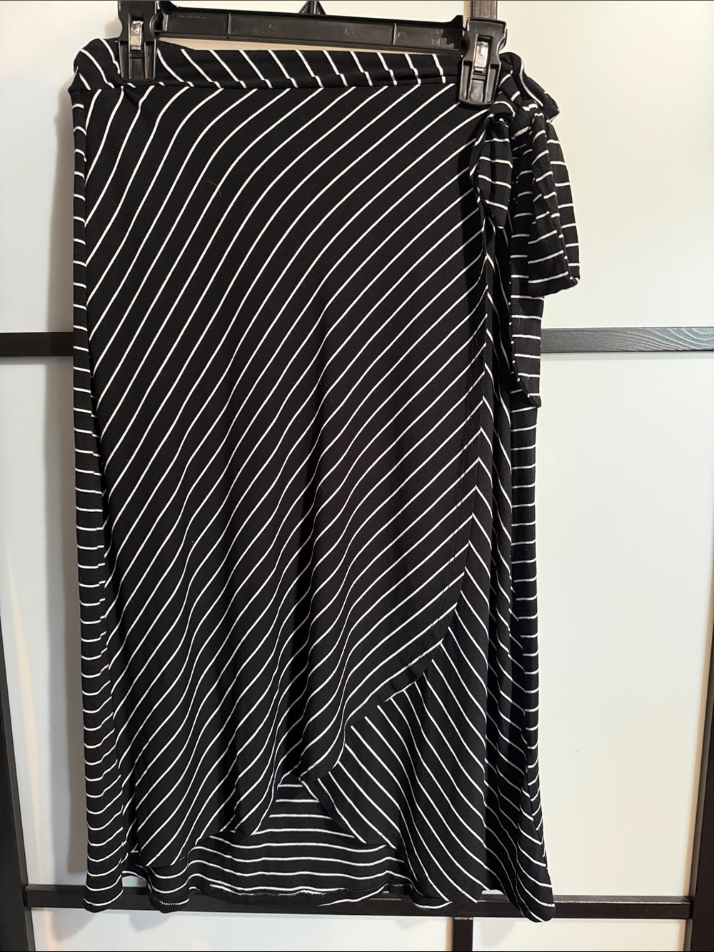 Adrienne Vittadini Black & White Diagonal Stripe Tie-Waist Midi Dress